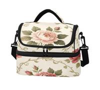 Lyeorm Vintage Rose Pattern Lunch Bag for Men & Women, Double Deck Insulated Tote Cooler Bag Leakproof Reusable Lunch Box with Shoulder Strap for Work Picnic
