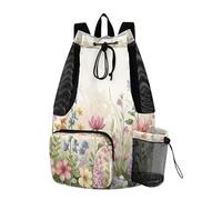 Lyeorm Vivid Herbs Wildflowers Swim Bag Mesh Sports Drawstring Backpack with Wet Pocket Waterproof Swimming Gym Backpack for Men Women