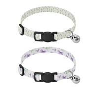 Lyeorm Watercolor Green Leaves Watercolor Lavender Bows Dog Collar 2 Pack Pet Cat Collar with Bells & Adjustable Buckle for Small Dogs Cats