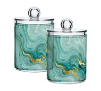 Lyeorm Watercolor Marble Turquoise Apothecary Jars with Lid 2 Pack Qtip Holder Dispenser Bathroom Storage Organizer Clear Plastic Canister Jar for Cotton Ball, Cotton Swab