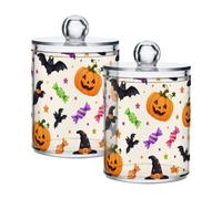 Lyeorm Witch Bat Pumpkin Apothecary Jars with Lid 2 Pack Qtip Holder Dispenser Bathroom Storage Organizer Clear Plastic Canister Jar for Cotton Ball, Cotton Swab