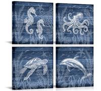 LyerArtork Ocean Decor Coastal Canvas Wall Art Navy Blue Sea Turtle Octopus Seahorse Dolphin Picture Sea Animal Marine Life Painting Artwork Wall Decor for Bathroom Nursery 12x12inchx4 Pieces