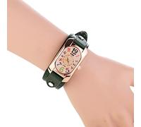 LYEVA Vintage Leather Quartz Stone Women's Watch, Green Leather Strap, Rectangle Digital, Water Resistant, Retro Design