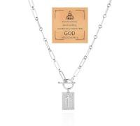 Lyfange Chunky Cross Paperclip Necklace for Women Gold Toggle Clasp Rectangle Necklace Silver Statement Cross Chain Necklace Religious Jewelry Gift for Christian Faith, M, Alloy Steel, No Gemstone