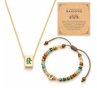 Lyfange Mahjong Necklace Bracelet Set for Women | Mahjong Beaded Strand Bracelet, Money Pendant Necklace, Fa Charm Jewelry Card, Lucky Prosperity Feng Shui Jewelry Gift