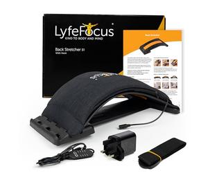 LyfeFocus Back Stretcher With Heated Memory Foam Cover For Back Pain & Muscle Tension - Comfortable Adjustable Spine Stretcher Posture Corrector - Lumbar Support with Chair Strap (Black, Smart Plug)
