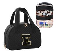 LYFFXYH Initial Travel Toiletry Bag, Personalized Cosmetic Bags Birthday Gifts for Women, Makeup Bag Organizer with Handle, Travel Bag for Toiletries with Brush Holder, Black, E