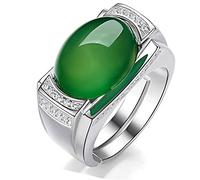 LYFHJD 925 Sterling Silver Mens Bold Ring Gemstone Men's Green Agate Ring Women's Retro Green Chalcedony Open Ring Simple Fashion Jewelry