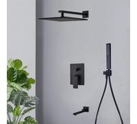 LYFHJD Concealed Shower Set Black Shower Head with Hose 8 in Rain Pressure Boosting Shower Heads Square Pressure Boosting Showers Head Mixer Set for Shower Room-D_8 in D-12 tum