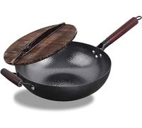 LYFHJD Hand Hammered Carbon Steel Wok with Wooden Lid with Wooden Handle - Frying Pan for Chinese Jese and Cantonese Cuisine Wok Flat Bottom Woks & Stir-Fry Pans(32cm)