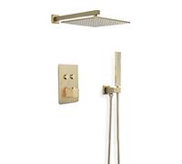 LYFHJD Shower Systems Brushed Gold Brass Concealed Thermostatic Wall Mounted Bathroom Rain Mixer Shower Set with 10-12" Square Rainfall Shower Head and Handheld Shower Luxury Shower Set