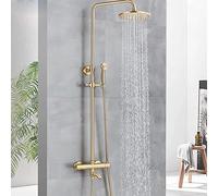 LYFHJD Thermostatic Shower Faucet Set Brushed Gold Exposed Shower System Rainfall Shower Head with Hand Shower Rotatable Tub Spout Wall Mounted Bathtub Faucet Heavy Duty