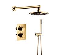 LYFHJD Wall Mounted Titanium Gold Brass Thermostatic Valve Bathroom Shower Taps Set with 8-12 Inch Round Rainfall Shower Head and Handheld Shower Luxury Shower Set 8 inch