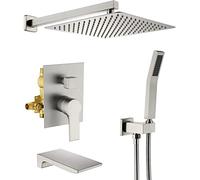 LYFHJD WHLTYH Wall Mounted Shower System with Waterfall Tub Spout and Handheld Shower Head 12" Rain Brass Shower Faucet Set Complete for Bathroom Rough-in Valve Body and Trim Included Brushed