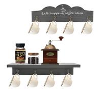 LYFJXX Coffee Cup Holder Wall Mount with 8 Hooks, 2 Pieces Wooden Coffee Cup Holder with Coffee Sign, Tea Cup Hanger for Bar, Kitchen Organiser Display, Coffee Corner Decor (Grey-2pcs)