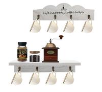 LYFJXX Coffee Cup Holder Wall Mount with 8 Hooks, 2 Pieces Wooden Coffee Cup Holder with Coffee Sign, Tea Cup Hanger for Bar, Kitchen Organiser Display, Coffee Corner Decor (White-2pcs)