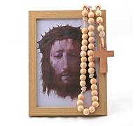 LYFOOHEART Catholic Devotional Wooden Frame with Natural Rosary Beads, Religious Wall Art Display Set, Shroud Portrait Prayer Decor for Home and Gift (Jesus Face)