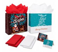 Lyforpyton 2 Pack Christmas Gift Bags with Tissue Paper, Cards & Envelopes | Large 12.6 x 9.8 x 5.1 Inch Holiday Gift Wrap Set with Santa Reindeer and Snowman Designs for Family and Kids