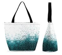 Lyfthologen Tote Bag with Zip, Glitter Blue Teal Beach Bag, Large Shoulder Bag for Daily, Travel