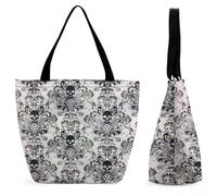 Lyfthologen Tote Bag with Zip, Gothic Skull Damask Scary Halloween Beach Bag, Large Shoulder Bag for Daily, Travel