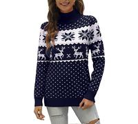 LYHNMW Women's Ugly Christmas Sweaters Snowflake Reindeer Long Sleeve Holiday Knit Xmas Sweater Pullover Tops, Dark Blue, Small