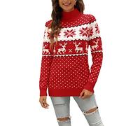 LYHNMW Women's Ugly Christmas Sweaters Snowflake Reindeer Long Sleeve Holiday Knit Xmas Sweater Pullover Tops, Red, Small