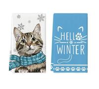LYhsmg 2PCS Christmas Tea Towels,Blue Christmas Hand Towels,Quick Dry Dish Towels Bar Towel,Machine Washable Kitchen Towel,Cotton Super Soft,Cat Snowflake Trees Hello Winter Design,40x60cm