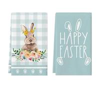 LYhsmg 2PCS Easter Kitchen Towels Tea Towels,Easter Decorations,Quick Dry Dish Towels Bar Towel,Machine Washable Hand Towels,Cotton Super Soft,Blue Buffalo Plaid Flowers Rabbit Design,40x60cm