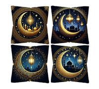LYhsmg 4pcs Linen Ramadan Cushion Covers 45x45 cm, Moon Stars Castle Lantern Spring Decorative Pillow Case Cover for Sofa Bed Car Chair Living Room Decor,Islamic