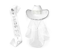 LYhsmg Bride Cowboy Hat with Veil & Satin Sash, Hen Party Accessories, White Cowgirl Hat with Bride to Be Foil for Hen Do Bachelorette Party Wedding Bridal Gifts Costume