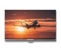 LYHVSFJW Business Card Holder for Men & Women Airplane at Sunset Business Card Case Metal Slim Name Card Holder ID Case Pocket Card Holder Business Card Wallet 3.7x2.2x0.3 Inch, silver, 3.7x2.2x0.3