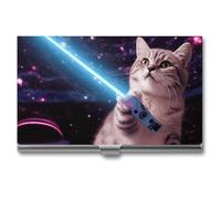 LYHVSFJW Business Card Holder for Men & Women Space Laser Cat Novelty Cute Business Card Case Metal Slim Name Card Holder ID Case Pocket Card Holder Business Card Wallet 3.7x2.2x0.3 Inch, silver,
