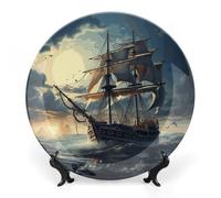 LYHVSFJW Decorative Nautical Sailboat Ceramic Plates with Stand, 6/7/8/10 Inch, Bone China, Transitional/Eclectic Style, Wall Hanging or Table Display