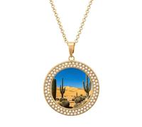 LYHVSFJW Desert Cactus View Round Pendant Necklace for Women Faux Diamond Women's Necklaces Elegant Dainty Alloy Disc Charm Necklace with Adjustable Chain, Fashion Jewelry Gift, One size, Zinc