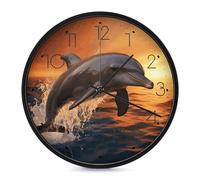 LYHVSFJW Dusk Dolphin Wall Clock Silent Non-Ticking Analog Clocks Modern Round Decorative Digital Clock for Living Room Bathroom Kitchen Classroom Bedroom Office 10 Inch Black