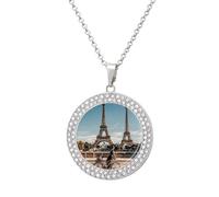 LYHVSFJW Eiffel Tower And Bicycles Round Pendant Necklace for Women Faux Diamond Women's Necklaces Elegant Dainty Alloy Disc Charm Necklace with Adjustable Chain, Fashion Jewelry Gift, One size, Zinc
