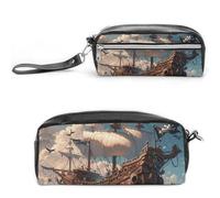 LYHVSFJW Fantasy Pirate Ship Pencil Case, Large Capacity Pencil Pouch with Zipper, Coin Pouch Cosmetic Bag Leather Pen Bag for Office Stationery Cosmetics