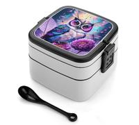 LYHVSFJW Fantasy-style Owl Double Layer Bento Box Adult Leak-Proof Lunch Box with Removable Compartments And Spoon Stackable Snack Containers, BPA-Free