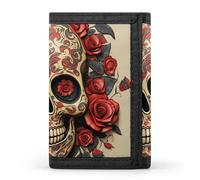 LYHVSFJW Flower TriFold Wallet with 8 Card Slots, Slim Zipper Coin Pocket, Divided Billfold for Men Women, Red rose sugar skull, One Size, Modern