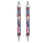 LYHVSFJW Humming Birds With Pink Ball Point Pen Retractable Black Ink Ballpoint Pens Super Soft Grip 0.5mm Ink Pen Medium Point Office Pens 2 PCS