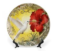 LYHVSFJW Hummingbird Hibiscus Ceramic Decorative Plate 6inch Bone China Decorative Personalized Boho Plates with Display Stand, Ceramic Ornaments Dessert Plates for Home Decor Dinner