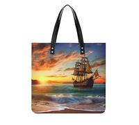 LYHVSFJW Leather Tote Bag for Women Pirate Ship in The Sunset Handbags with Shoulder Strap Work Purse & Satchel for Travel