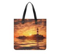 LYHVSFJW Leather Tote Bag for Women Sea Lighthouse in Sunset Handbags with Shoulder Strap Work Purse & Satchel for Travel
