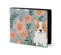 LYHVSFJW Leather Wallet for Men Stylish Coin Purse for Women Slim And Thin Light Peach And Brown Bifold Wallet Card Holder, Corgi Floral Flowers Spring Garden, One Size