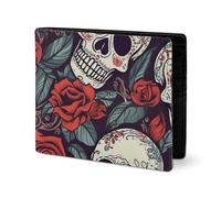 LYHVSFJW Leather Wallet for Men Stylish Coin Purse for Women Slim And Thin Sugar Skulls And Red Roses Bifold Wallet Card Holder, Sugar skulls and red roses, One Size