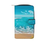 LYHVSFJW Long Wallet for Women Leather Wallet for Men Large Capacity Wristlet Wallets With 12 Card Holder The Beach with A Surfboard Change Purse, Tropical Blue Sea Beach, 19.7x11x3.5cm, Modern