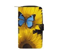 LYHVSFJW Long Wallet for Women Leather Wallet for Men Large Capacity Wristlet Wallets With 12 Card Holder Brook Trout Fly Fishing Change Purse, Yellow Sunflowers with Blue Butterflies, 19.7x11x3.5cm,