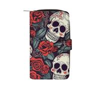 LYHVSFJW Long Wallet for Women Leather Wallet for Men Large Capacity Wristlet Wallets With 12 Card Holder Pumpkin Flower Crushed Change Purse, Sugar skulls and red roses, 19.7x11x3.5cm, Modern