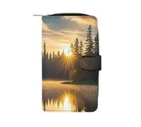 LYHVSFJW Long Wallet for Women Leather Wallet for Men Large Capacity Wristlet Wallets With 12 Card Holder Puppy Dog Boston Terrier Sea Lighthouse Change Purse, Sunrise on the Lake, 19.7x11x3.5cm,