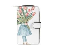 LYHVSFJW Long Wallet for Women Leather Wallet for Men Large Capacity Wristlet Wallets With 12 Card Holder Light Peach And Brown Change Purse, A Big Bouquet of Tulips, 19.7x11x3.5cm, Modern